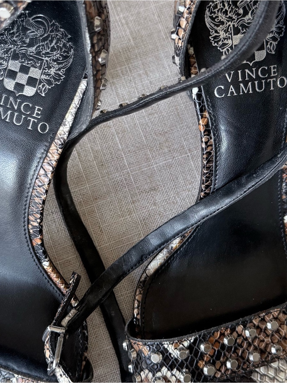Vince Camuto Studded Snakeskin Print Ankle Strap Heels Size 8 - Picture 6 of 7